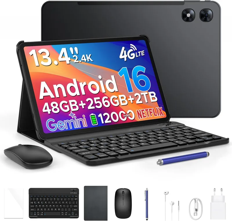 Luzglo ▫️ Tablet P13 Pro 13,4 polegadas 120Hz Android 16, 48GB RAM + 256GB (TF 2TB) Tablet com teclado e caneta, T7280 Octa-Core, 12000mAh/18W, 16MP+8MP, Gemini AI, Widevine L1, Face ID, Dual SIM 4G, Preto