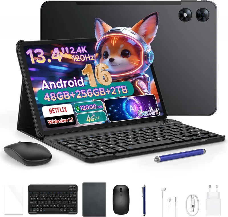 Luzglo ▫️ P13 Pro Tablet 13 polegadas 120Hz Android 16, 48GB RAM + 256GB ROM(TF 2TB), Tablet com teclado e caneta, T7280 Octa-Core, 12000mAh/18W, 16MP+8MP, Gemini AI, Widevine L1, Face ID, Dual SIM 4G, Preto
