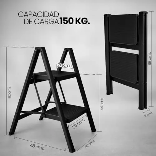 UZIRO ▫️ Escada dobrável de 2 degraus, escada decorativa, degraus largos antiderrapantes, ideal para uso doméstico, na cozinha e no escritório, fácil de guardar e transportar, resistente (preta, 2 degraus) 2