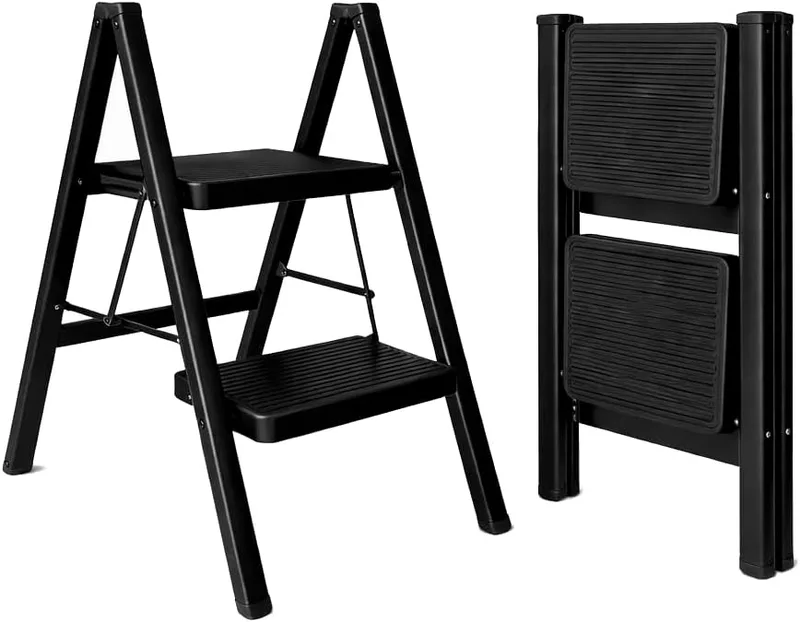 UZIRO ▫️ Escada dobrável de 2 degraus, escada decorativa, degraus largos antiderrapantes, ideal para uso doméstico, na cozinha e no escritório, fácil de guardar e transportar, resistente (preta, 2 degraus)
