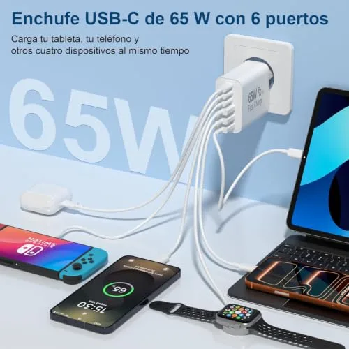 BSTOEM ▫️ Carregador com carregamento rápido USB-C de 65 W, 6 portas rápidas, múltiplas de 25 W (MÁX.) Adaptador de tomada de carregamento rápido, Tipo C para telemóveis iPhone 17, 16, 15, 14, 13, 12, 11 Plus, Pro, MAX, X, XS, XR, para iPad, para carregador Samsung 3