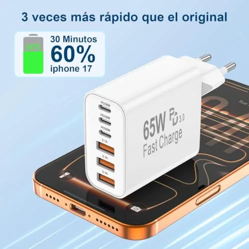 BSTOEM ▫️ Carregador com carregamento rápido USB-C de 65 W, 6 portas rápidas, múltiplas de 25 W (MÁX.) Adaptador de tomada de carregamento rápido, Tipo C para telemóveis iPhone 17, 16, 15, 14, 13, 12, 11 Plus, Pro, MAX, X, XS, XR, para iPad, para carregador Samsung 5