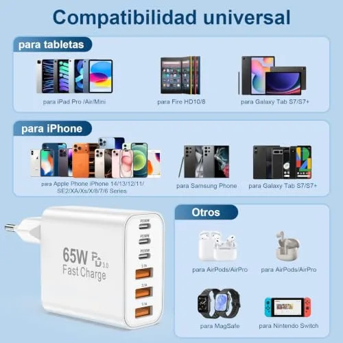 BSTOEM ▫️ Carregador com carregamento rápido USB-C de 65 W, 6 portas rápidas, múltiplas de 25 W (MÁX.) Adaptador de tomada de carregamento rápido, Tipo C para telemóveis iPhone 17, 16, 15, 14, 13, 12, 11 Plus, Pro, MAX, X, XS, XR, para iPad, para carregador Samsung 6