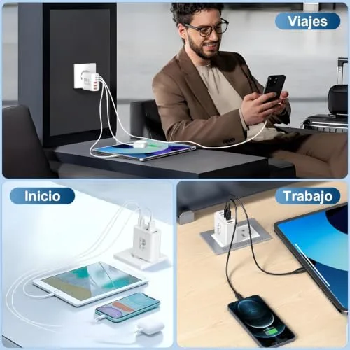 BSTOEM ▫️ Carregador com carregamento rápido USB-C de 65 W, 6 portas rápidas, múltiplas de 25 W (MÁX.) Adaptador de tomada de carregamento rápido, Tipo C para telemóveis iPhone 17, 16, 15, 14, 13, 12, 11 Plus, Pro, MAX, X, XS, XR, para iPad, para carregador Samsung 7