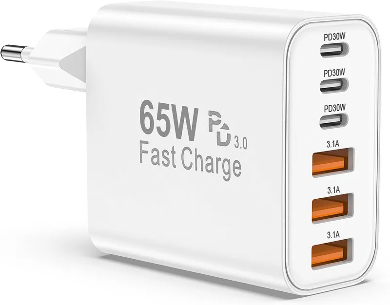 BSTOEM ▫️ Carregador com carregamento rápido USB-C de 65 W, 6 portas rápidas, múltiplas de 25 W (MÁX.) Adaptador de tomada de carregamento rápido, Tipo C para telemóveis iPhone 17, 16, 15, 14, 13, 12, 11 Plus, Pro, MAX, X, XS, XR, para iPad, para carregador Samsung