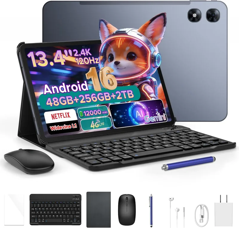 Luzglo ▫️ Tablet P13 Pro de 13,4 polegadas, 120 Hz, Android 16, 48 GB de RAM + 256 GB(TF 2 TB) Tablet com teclado e caneta, T7280 Octa-Core, 12 000 mAh/18 W, 16 MP + 8 MP, Gemini AI, Widevine L1, Face ID, Dual SIM 4G, cinzento