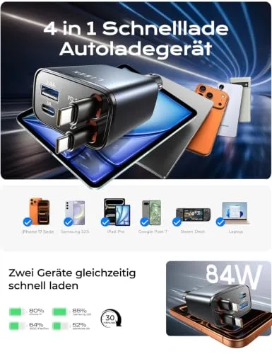 LISEN ▫️ Carregador Retrátil para Automóvel USB-C com Carregamento Rápido PD45W para a Entulhadora 5