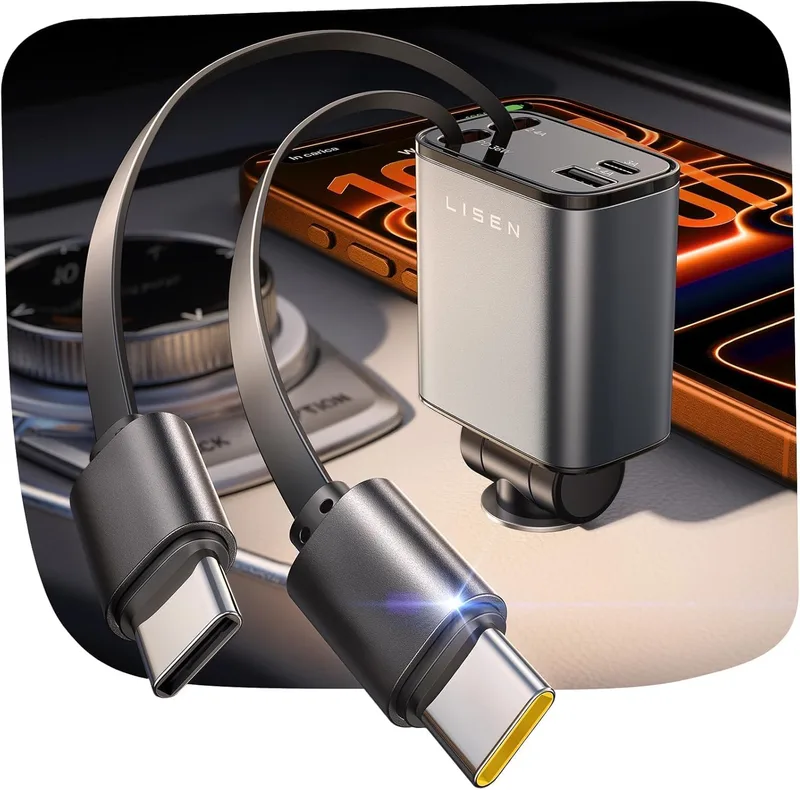 LISEN ▫️ Carregador Retrátil para Automóvel USB-C com Carregamento Rápido PD45W para a Entulhadora
