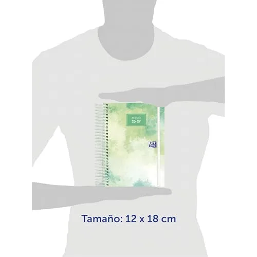 Oxford ▫️ Aura, Agenda 2026-2027, Um dia por página, Capa em couro, 12 x 18 cm, Espanhol, Cor verde 2