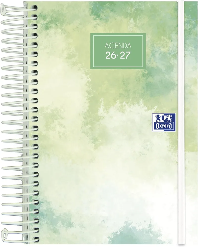 Oxford ▫️ Aura, Agenda 2026-2027, Um dia por página, Capa em couro, 12 x 18 cm, Espanhol, Cor verde