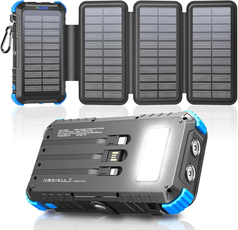 SolarTred ▫️ Power Bank Solar de 20 000 mAh com 4 painéis solares e 3 cabos