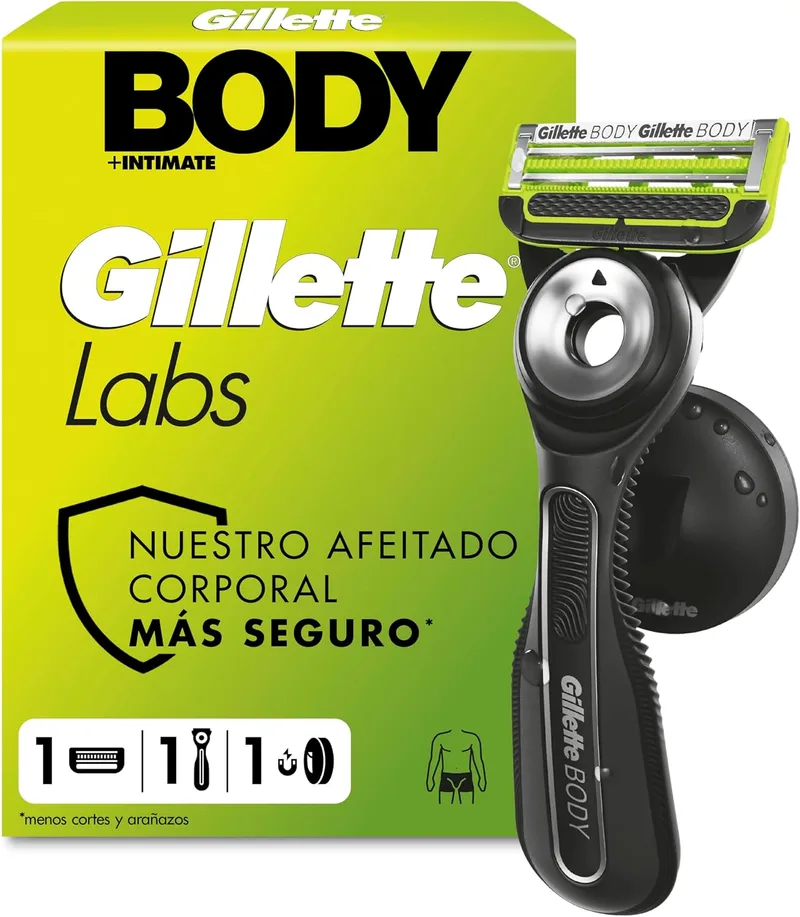 Gillette ▫️ Labs Body + Intimate - Máquina de barbear corporal para homem com 1 cabeça | Cabo em borracha, lâmina com barra anti-pêlos encravados, suporte magnético, depilação íntima, barbear corporal masculino