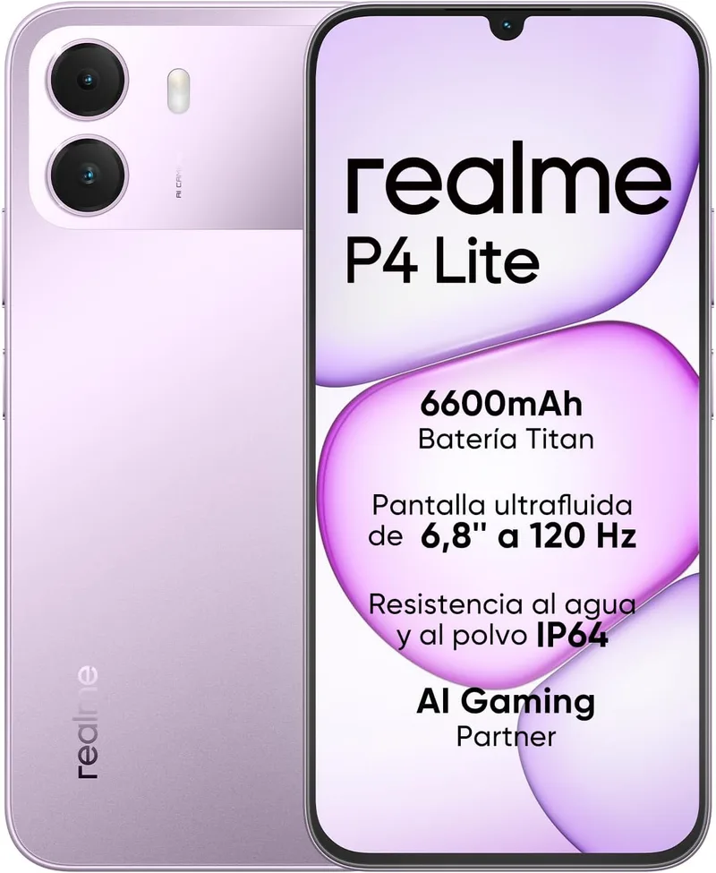 realme ▫️ Smartphone P4 Lite 4G, 4 GB + 256 GB, Ecrã LCD HD de 120 Hz e 6,8", bateria Titan de 6600 mAh, carregamento de 15 W, carregamento reverso de 6 W, classificação IP64 à prova de poeira e água, sistema Next IA, Púlsar Morado (sem carregador)