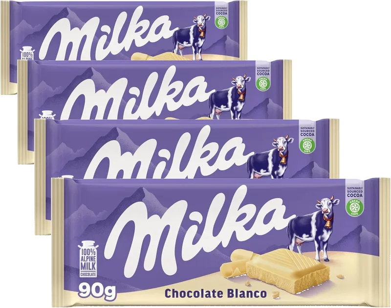 Milka ▫️ Alpine Chocolate Branco em tabletes, 90 g (Embalagem de 4)