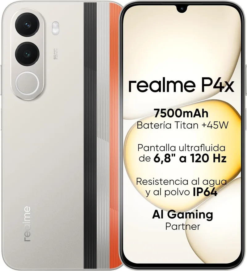 realme ▫️ Smartphone P4X 4G, 4 GB + 256 GB, Ecrã LCD de 6,8" a 120 Hz, bateria Titan de 7500 mAh, carregamento rápido de 45 W, carregamento reverso de 6 W, resistência a choques MIL-STD 810H, IP64, sistema Next IA, Branco Rally (sem carregador)