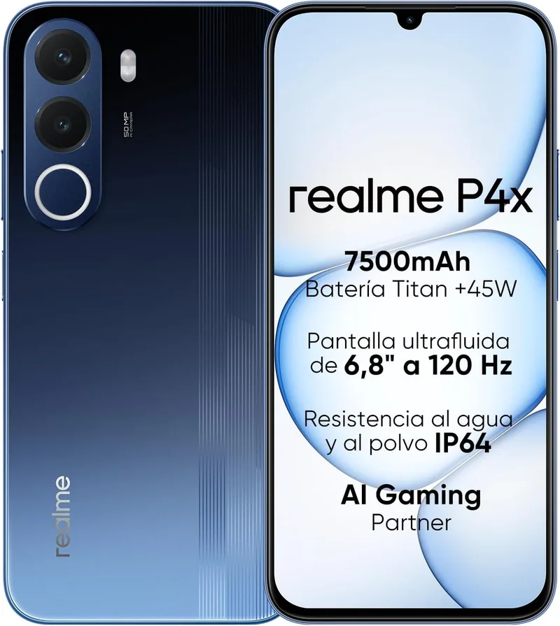 realme ▫️ Smartphone P4X 4G, 4 GB + 256 GB, Ecrã LCD de 6,8" a 120 Hz, bateria Titan de 7500 mAh, carregamento rápido de 45 W, carregamento reverso de 6 W, resistência a choques MIL-STD 810H, IP64, sistema Next IA, Azul Fantasma (sem carregador)