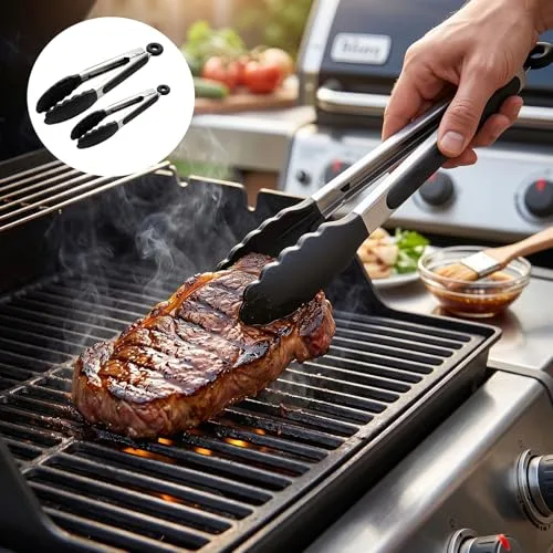 Kaelaxroy ▫️ 2 Pinças de Cozinha Profissionais em Aço Inoxidável e Silicone, Conjunto de 2 Tamanhos: 21 cm e 27 cm, Resistentes ao Calor para Churrasco e Cozinha, com Fecho de Segurança 4