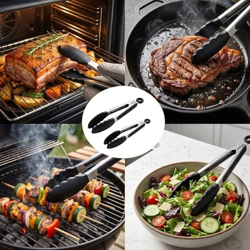 Kaelaxroy ▫️ 2 Pinças de Cozinha Profissionais em Aço Inoxidável e Silicone, Conjunto de 2 Tamanhos: 21 cm e 27 cm, Resistentes ao Calor para Churrasco e Cozinha, com Fecho de Segurança 5