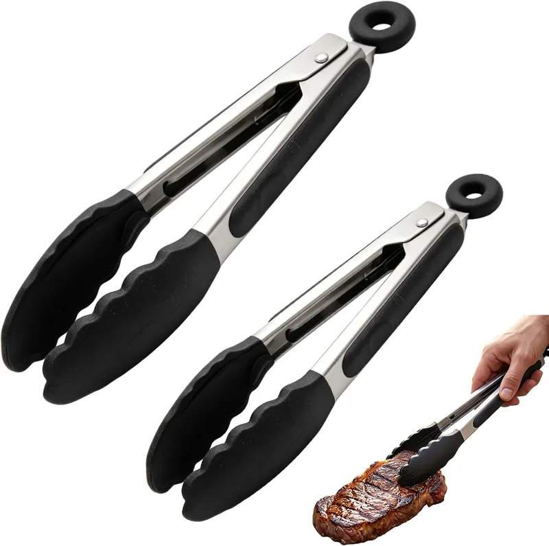 Kaelaxroy ▫️ 2 Pinças de Cozinha Profissionais em Aço Inoxidável e Silicone, Conjunto de 2 Tamanhos: 21 cm e 27 cm, Resistentes ao Calor para Churrasco e Cozinha, com Fecho de Segurança