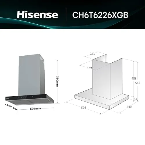 Hisense ▫️ CH6T6226XGB - Exaustor de 60 cm, 446 m³/h, Classe A+, Sincronização H2H, Sensor de ar puro, Função Boost, Eficiência energética A+, Controlo tátil, Alerta de filtro, Aço inoxidável 2