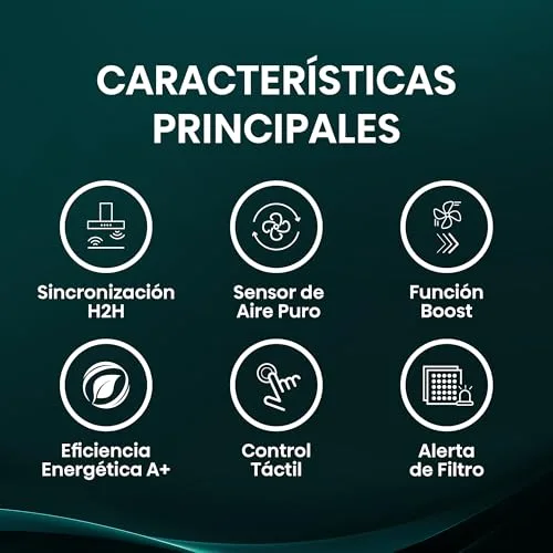 Hisense ▫️ CH6T6226XGB - Exaustor de 60 cm, 446 m³/h, Classe A+, Sincronização H2H, Sensor de ar puro, Função Boost, Eficiência energética A+, Controlo tátil, Alerta de filtro, Aço inoxidável 3