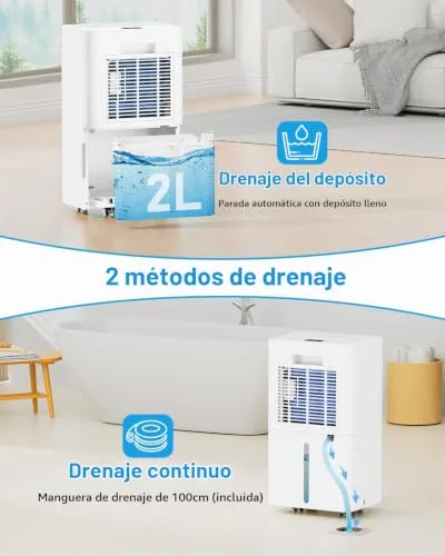 PIAZCEW ▫️ Desumidificador de 12 L/dia, com 3 modos, temporizador de 24 horas, baixo consumo, desligamento automático, tubo de drenagem contínua, desumidificadores para quartos, casas de banho e caves 6