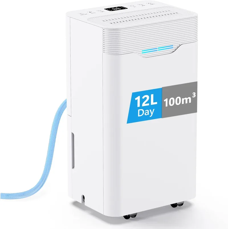 PIAZCEW ▫️ Desumidificador de 12 L/dia, com 3 modos, temporizador de 24 horas, baixo consumo, desligamento automático, tubo de drenagem contínua, desumidificadores para quartos, casas de banho e caves