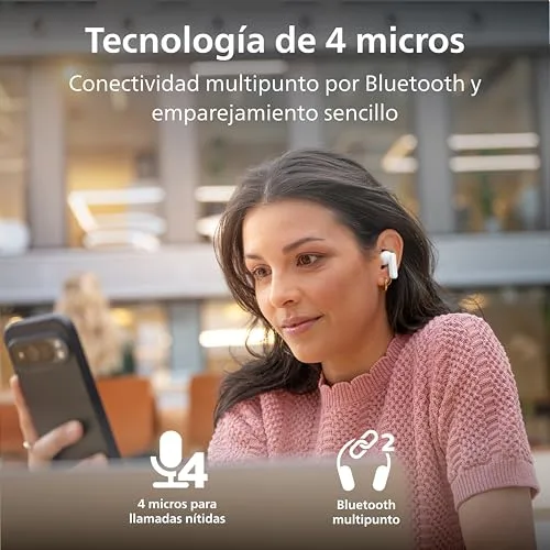 PHILIPS ▫️ TAT2200WT Auscultadores True Wireless com cancelamento ativo de ruído, 36 horas de reprodução, almofadas SecureFit, chamadas nítidas com 4 microfones, Bluetooth 6.0, IPX4, estojo compacto, branco 3