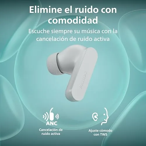 PHILIPS ▫️ TAT2200WT Auscultadores True Wireless com cancelamento ativo de ruído, 36 horas de reprodução, almofadas SecureFit, chamadas nítidas com 4 microfones, Bluetooth 6.0, IPX4, estojo compacto, branco 4