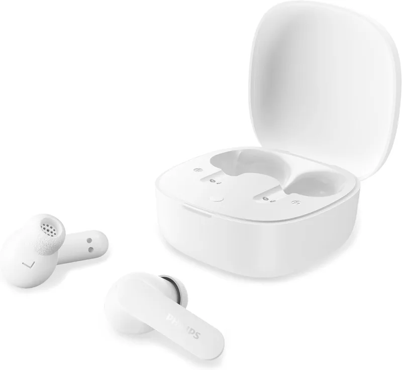 PHILIPS ▫️ TAT2200WT Auscultadores True Wireless com cancelamento ativo de ruído, 36 horas de reprodução, almofadas SecureFit, chamadas nítidas com 4 microfones, Bluetooth 6.0, IPX4, estojo compacto, branco