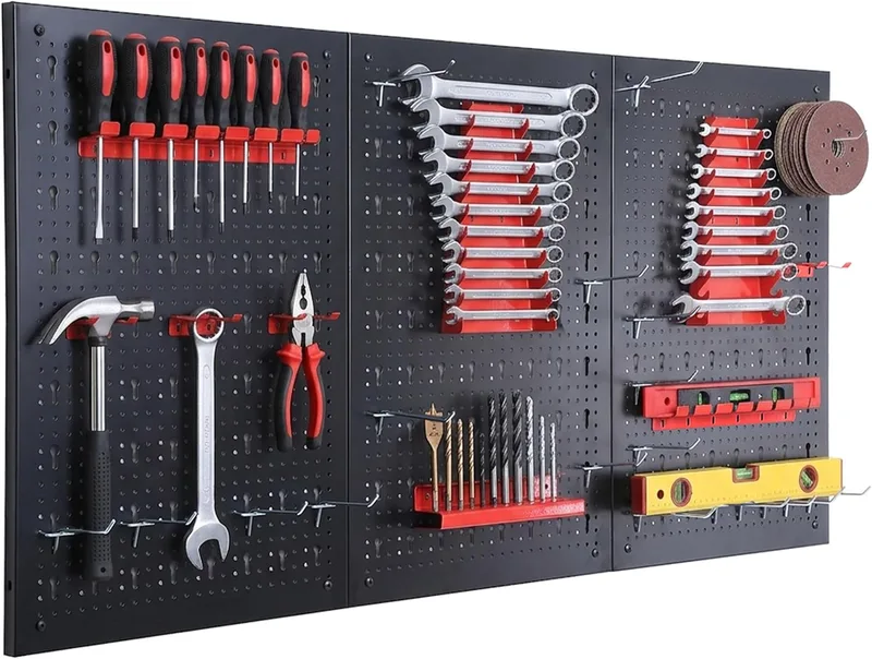 Relaxdays ▫️ Tool Panel, 3 Painéis perfurados, 30 peças, AxLxA: 60 x L: 60 x 40 cm, Metal, Oficina, Preto/Vermelho