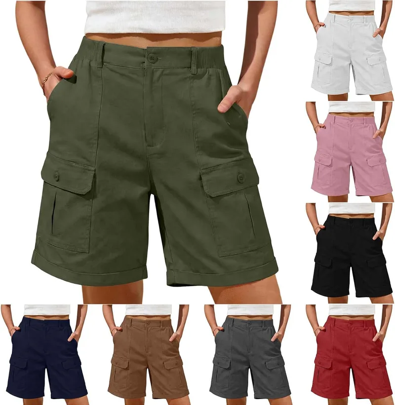 Genérico ▫️ Calções cargo para mulher, bermudas de verão de estilo casual, com bolsos e botões, perna larga, leves, elásticos, de secagem rápida, calções de trabalho, cintura alta, desportivos