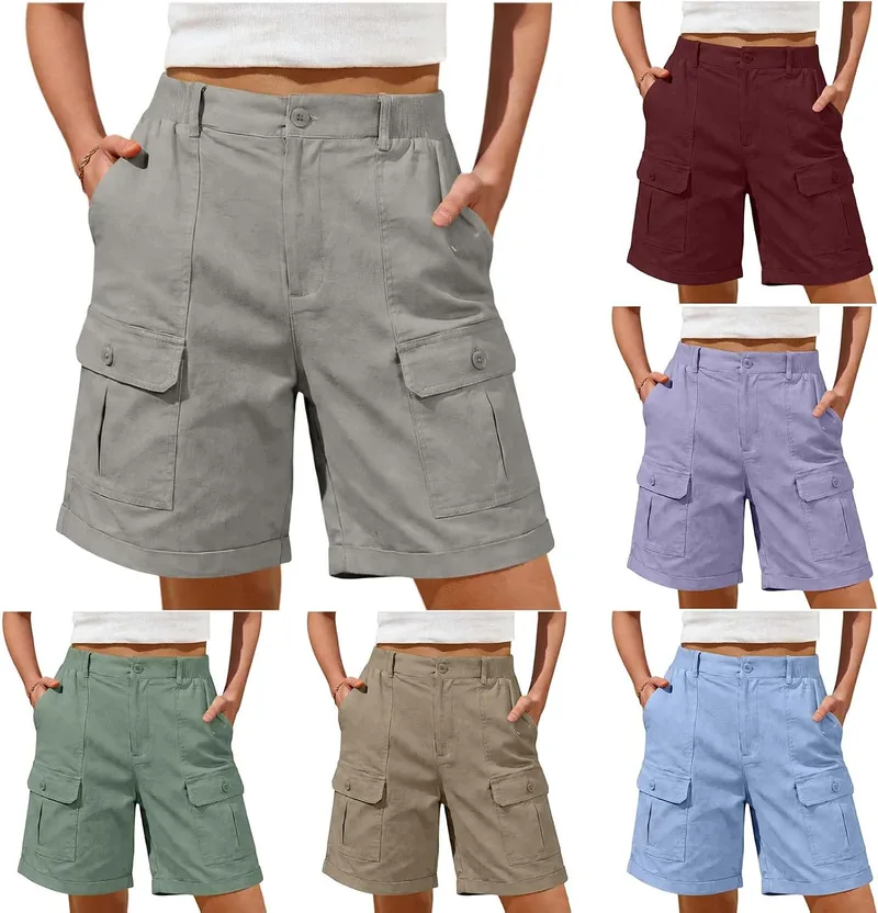 Genérico ▫️ Calções cargo para mulher, bermudas de verão de estilo casual, com bolsos e botões, perna larga, leves, elásticos, de secagem rápida, calções de trabalho, cintura alta, desportivos