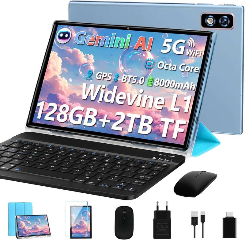 DEERTiME ▫️ Último tablet Android Gemini AI, tablet de 10 polegadas, 22 GB + 128 GB/TF 1 TB, octa-core 2,0 GHz, 5G, Wi-Fi, Bluetooth 5.0, bateria de 8000 mAh, 8 MP + 5 MP, Widevine L1, GPS, tablet com capa, teclado e rato – azul