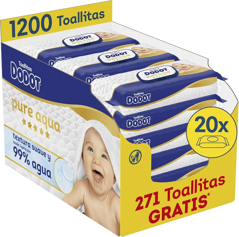 DODOT ▫️ Pure Aqua Novo: Toalhitas com Textura para Bebés, 20 embalagens de 60 unidades = 1200 toalhitas, textura suave e loção com 99% de água