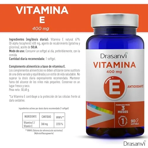Drasanvi ▫️ Vitamina E Natural 400 mg de Alta Potência em 90 cápsulas sem glúten 5