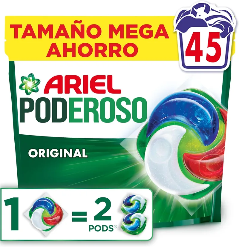 Ariel ▫️ Pods PODEROSO Detergente para máquina de lavar roupa em cápsulas | 45 lavagens | Original | POD GRANDE = 2 PODS | 2X mais eficaz na remoção de manchas e odores