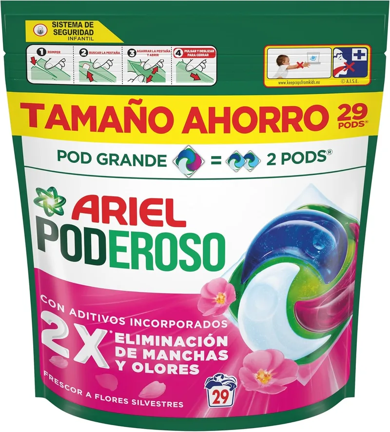 Ariel ▫️ Pods PODEROSO Detergente para máquina de lavar roupa em cápsulas | 29 lavagens | Frescor Selvagem | POD GRANDE = 2 PODS | 2X eliminação de manchas e odores