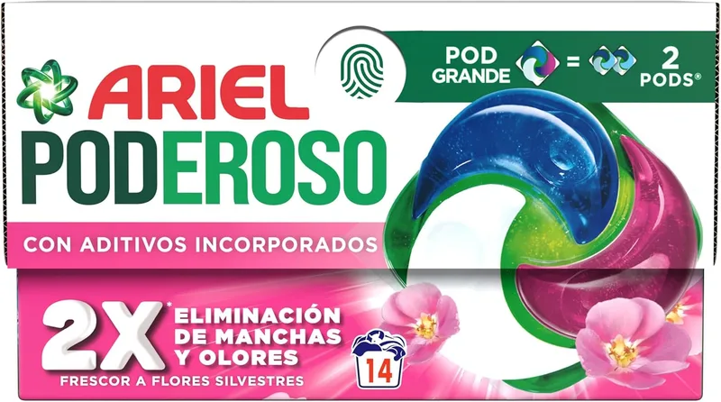 Ariel ▫️ PODs PODEROSO, Detergente Líquido em Cápsulas para 14 Lavagens, Frescor Selvagem, com Aditivos Integrados, Removedor de Manchas e Eliminador de Odores X2