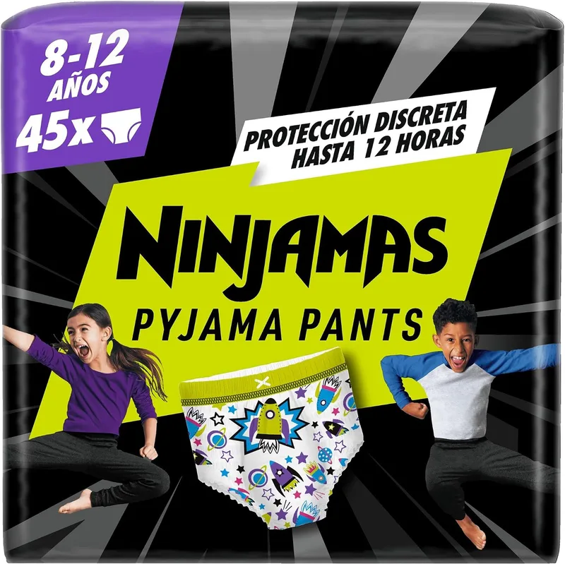 DODOT ▫️ Fralda-calcinha Ninjamas, Tamanho 8-12 anos (27-43 kg), 45 fraldas tipo cueca, fraldas noturnas com naves espaciais, proteção contra fugas durante toda a noite | Proteção contra fugas durante toda a noite, design absorvente para o xixi noturno, vestem-se como uma cueca