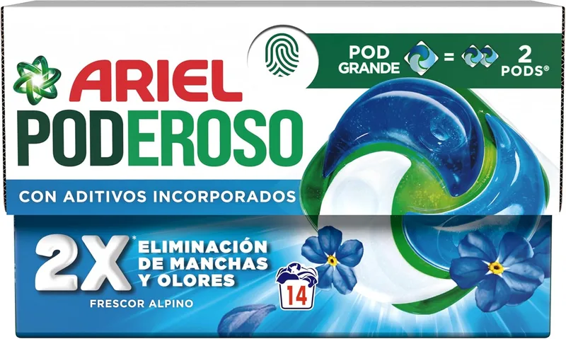 Ariel ▫️ PODs PODEROSO, Cápsulas de Detergente Líquido 14 Lavagens, Frescura Alpina, Com Aditivos Integrados, Remoção de Manchas e Odores X2
