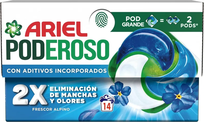 Ariel ▫️ PODs PODEROSO, Detergente Líquido em Cápsulas para 14 Lavagens, Frescor dos Alpes, com Aditivos Integrados, Removedor de Manchas e Eliminador de Odores X2