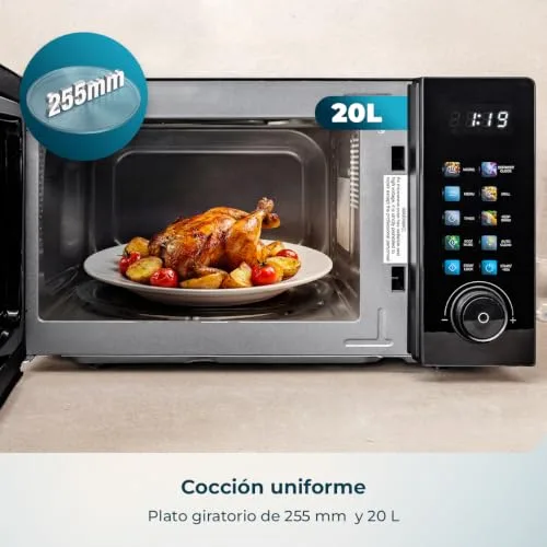 Cecotec ▫️ Micro-ondas de 20 L com grelhador Proclean 6130 Preto. 700 W e grelha de 800 W, 8 programas, 10 níveis de potência, ecrã tátil a cores, descongelação, temporizador, prato giratório de 255 mm 3