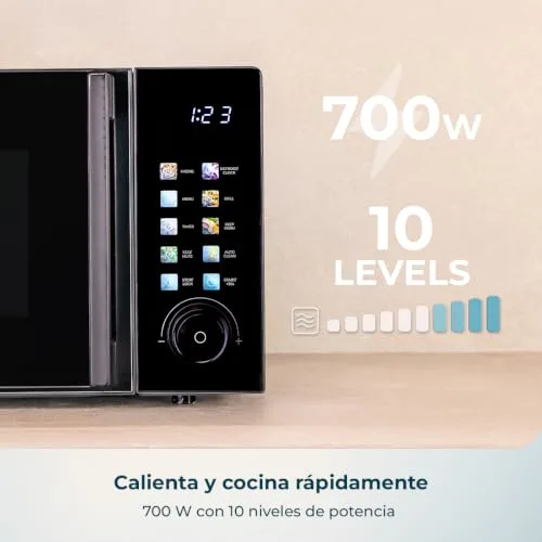 Cecotec ▫️ Micro-ondas de 20 L com grelhador Proclean 6130 Preto. 700 W e grelha de 800 W, 8 programas, 10 níveis de potência, ecrã tátil a cores, descongelação, temporizador, prato giratório de 255 mm 4