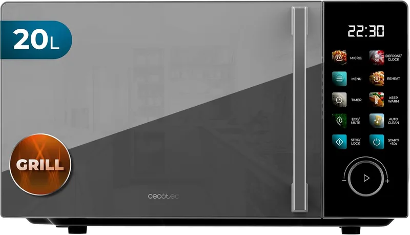 Cecotec ▫️ Micro-ondas de 20 L com grelhador Proclean 6130 Preto. 700 W e grelha de 800 W, 8 programas, 10 níveis de potência, ecrã tátil a cores, descongelação, temporizador, prato giratório de 255 mm