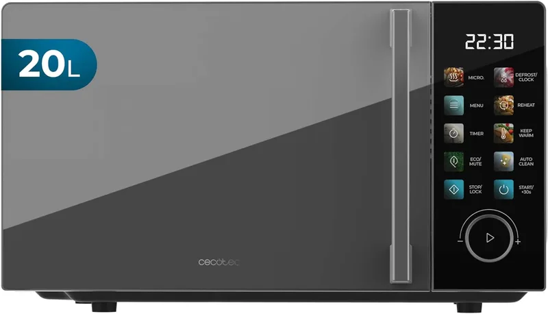 Cecotec ▫️ Micro-ondas 20 L Proclean 6030 Preto. Potência de 700 W, 8 programas, 10 níveis de potência, ecrã tátil a cores, temporizador, prato giratório de 255 mm