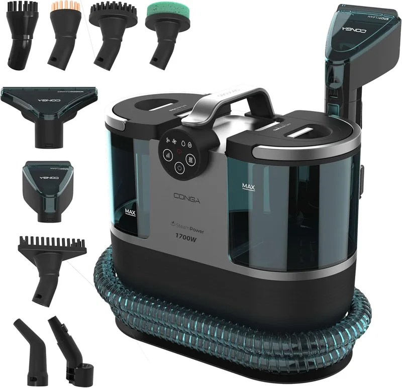 Cecotec ▫️ Limpador de Estofos Conga 7000 Carpet&Spot Clean Steam XXL Pro. 1700 W, Função 3 em 1, Limpeza a vapor e com água quente, Raio de ação de 9 metros, 15 acessórios, Limpador de vidros, Autolimpeza