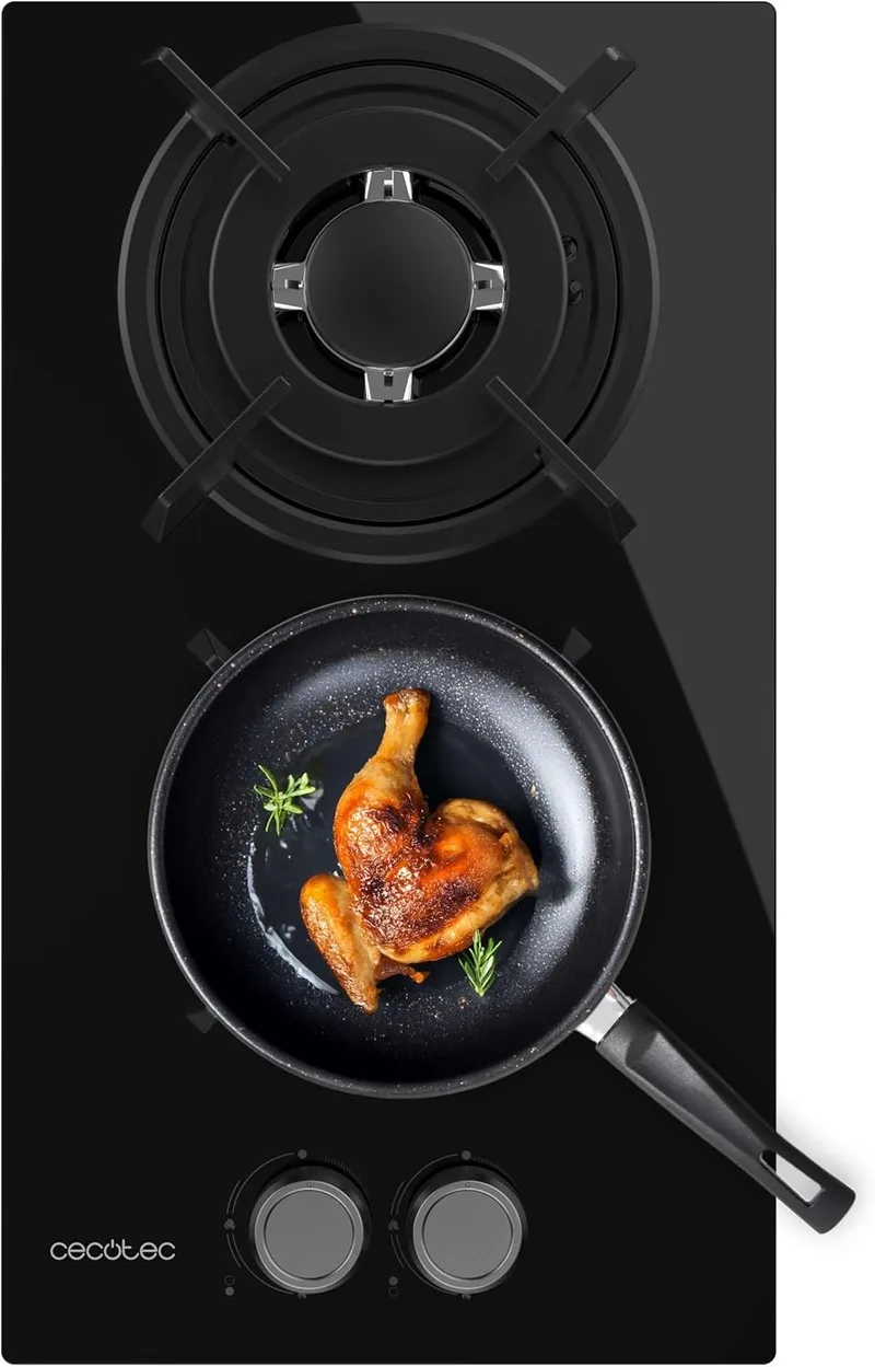 Cecotec ▫️ Placa de Gás de 2 Fogões Bolero Squad GN 2200S Glass Black. 5,25 kW, Preparada para Gás Natural, Vidro Preto, Grelha Completa em Ferro Fundido, Queimador Wok de Tríplice Coroa, Acendimento Elétrico