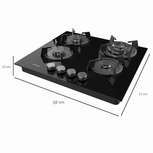 Cecotec ▫️ Placa de Gás de 4 queimadores Bolero Squad GN 4200S Glass Black. 8 kW, preparada para gás natural, vidro preto, grelhas individuais em ferro fundido, queimador para wok, válvulas de segurança 2