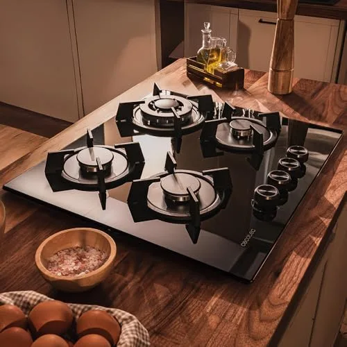 Cecotec ▫️ Placa de Gás de 4 queimadores Bolero Squad GN 4200S Glass Black. 8 kW, preparada para gás natural, vidro preto, grelhas individuais em ferro fundido, queimador para wok, válvulas de segurança 4